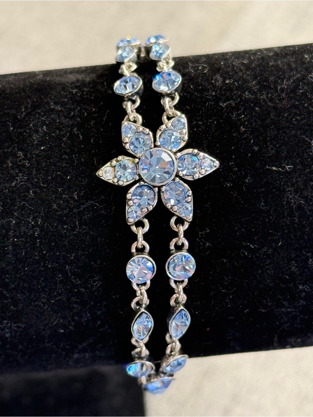 Givenchy Silver Tone Light Blue Crystal Flower Sparkling Bracelet 7.5”.